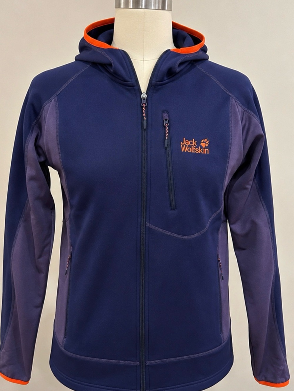Jack Wolfskin Navy and Purple Hooded Softshell with Orange Trim Size L